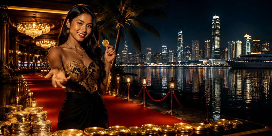Seorang model berpose di meja casino betting dengan suasana malam yang glamor