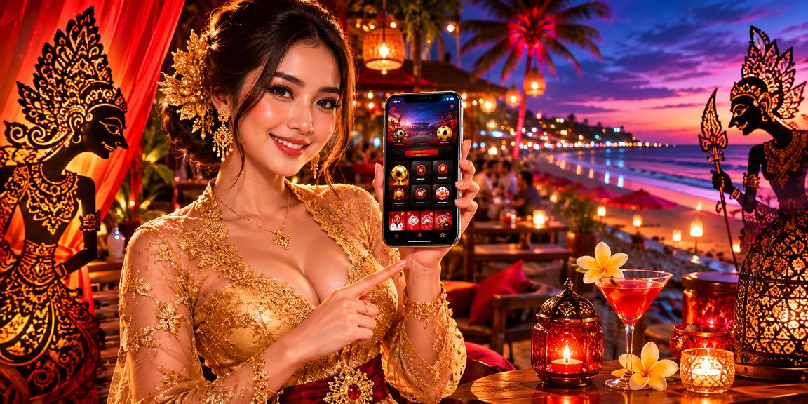 Casino seluler di pantai dengan latar belakang biru malam dan permainan slot
