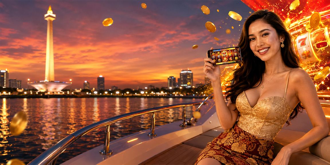 Model bermain slot game dengan ekspresi antusias di perangkat mobile